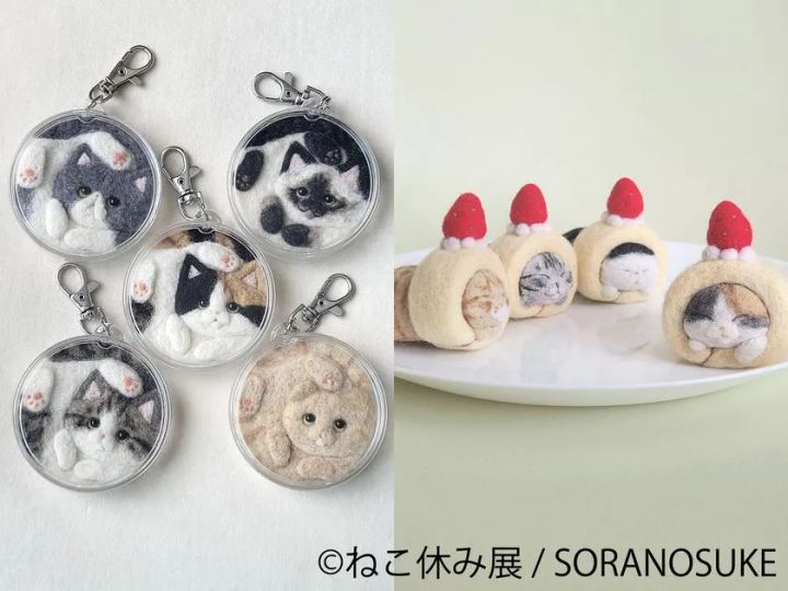 猫モチーフ立体作品 ベンチと小型扇風機