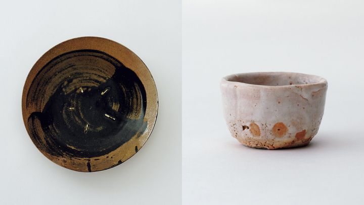 石黒宗麿／黒釉刷毛目皿、荒川豊藏／志野酒盃