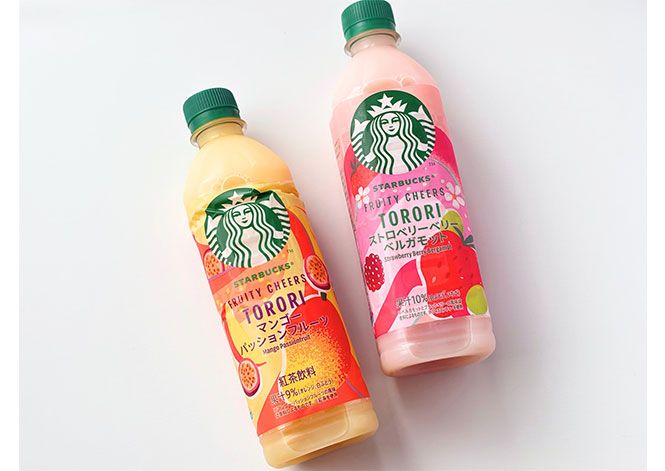 （写真・左から）スターバックス FRUITY CHEERS TORORI マンゴーパッションフルーツ、ストロベリーベリーベルガモット／各￥213（税込み）