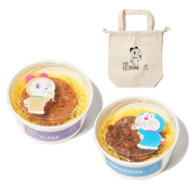 一汁旬菜「ドラミの華味鳥そぼろ丼」(1350円)、ドラえもんの国産牛しぐれ煮丼(1350円)