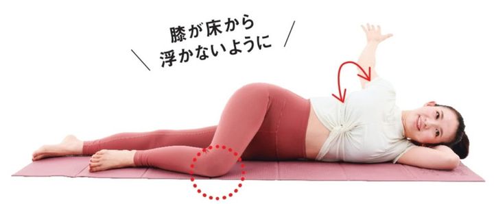【2】息を吐きながら腕を後ろに引き、肩甲骨を寄せる。息を吸いながら1に戻る。呼吸に合わせて10回行う。反対側も同様に。