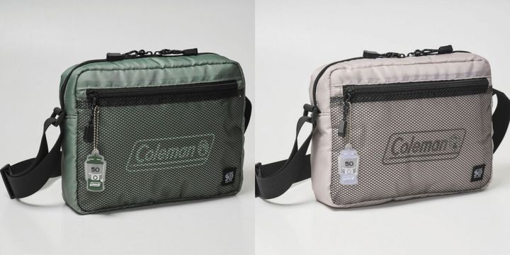 カーキとグレージュのColemanショルダーバッグが並んで置かれている