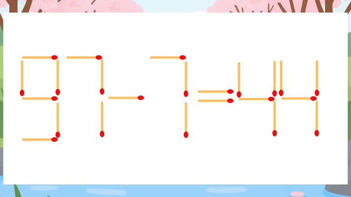 【マッチ棒クイズ】1本だけ動かして正しい式に：97-7=44？の問題画像