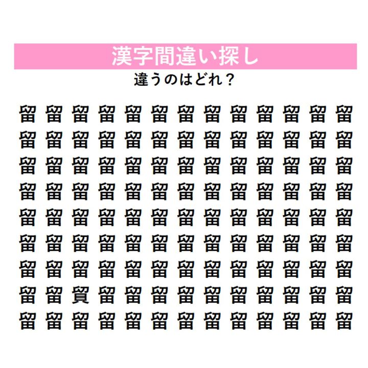 【頭の体操】「留」の中に1つだけ紛れ込んだ違う漢字は何？じっくり見ないと気づけない、漢字間違い探しに挑戦