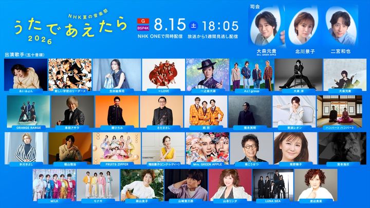 『NHK夏の音楽祭 うたであえたら 2026』出演歌手 （C）NHK width=