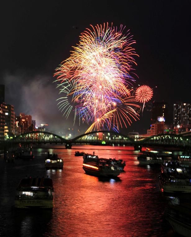 川面を真紅に染める迫力満点の花火 画像提供：墨田区