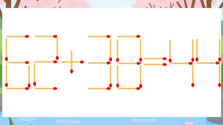 【マッチ棒クイズ】1本だけ動かして正しい式に：62+38=44？の問題画像