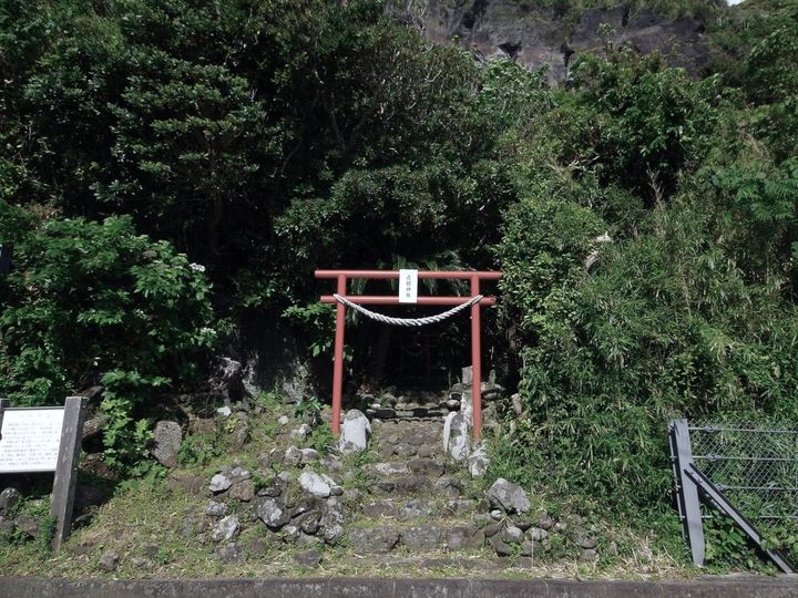 緑に囲まれた斜面のふもとに立つ、小さな鳥居と石段のある神社