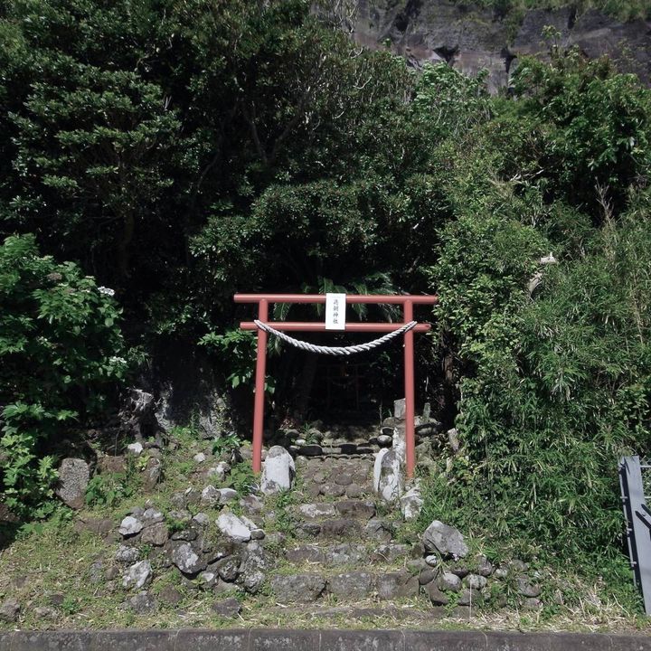緑に囲まれた斜面のふもとに立つ、小さな鳥居と石段のある神社