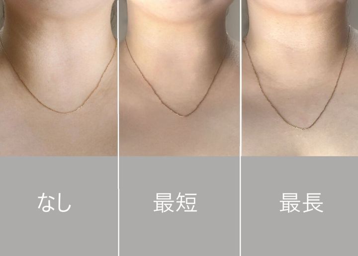 女性の首元でネックレスの長さ比較（なし、最短、最長）