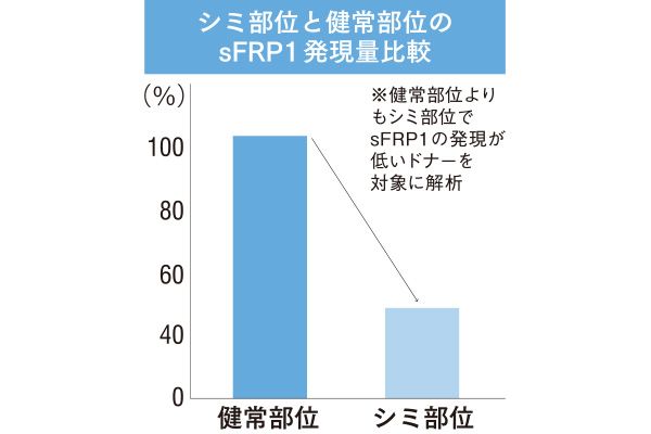 シミ部位と健常部位のsFRP1発現量比較 ※健常部位よりもシミ部位でsFRP1の発現が低いドナーを対象に解析