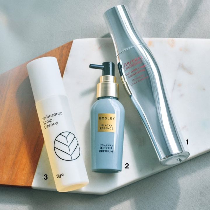 1_ザ・ヘアケア アデノバイタル アドバンスト スカルプエッセンス［医薬部外品］（資生堂プロフェッショナル） 2_ボズレー ブラックプラス エッセンス プレミアム（ネイチャーラボ） 3_ビゲン スキャルプエッセンス（ホーユー）
