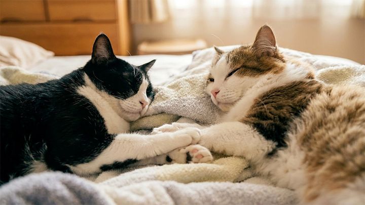 手をつなぎながら眠る猫夫婦