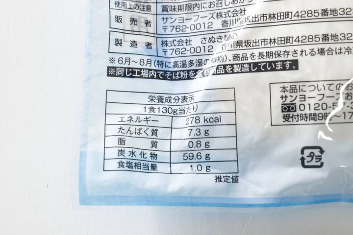 商品の栄養成分表示と販売者情報が書かれたパッケージ裏面