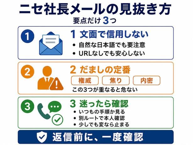 【図解】返信前に確認したい「ニセ社長メール」対策一覧 【画像監修＝藤居朋之(LRM株式会社 執行役員CCO)／作図＝生成AI】