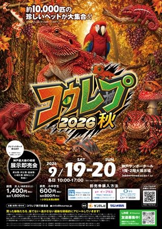 【兵庫県神戸市】爬虫類の体験型展示即売会「コウレプ2026秋」開催！両生類・猛禽類・小動物も大集合