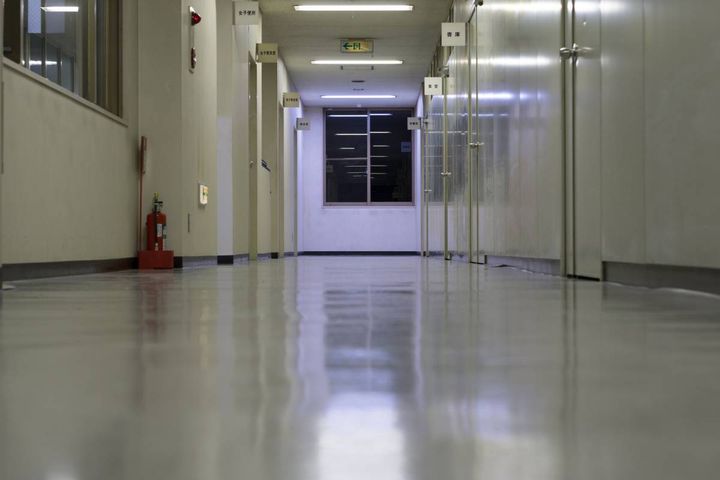 夜の会社の廊下に並ぶ部屋の扉と、突き当たりの窓
