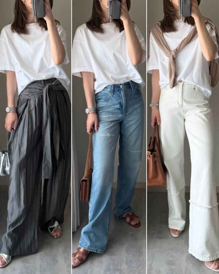 白いTシャツに3種類のパンツを合わせた着回しコーデ