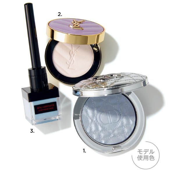 1.ディオールスキン フォーエヴァー グロウ ルミナイザー 05（パルファン・クリスチャン・ディオール） 2.YSL メイクミーブラッシュ パウダー 69（イヴ・サンローラン・ボーテ） 3.アンリミテッド ケア ツヤ ドロップ アオタケブルー（シュウ ウエムラ）