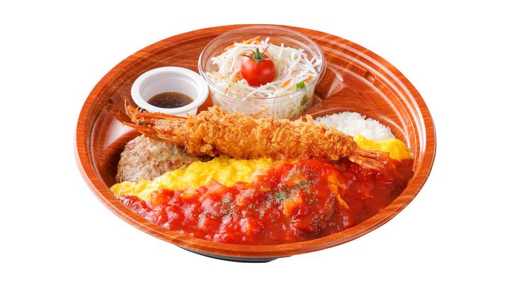 角切りトマトとびっくりエビフライのオムバーグディッシュ テイクアウト