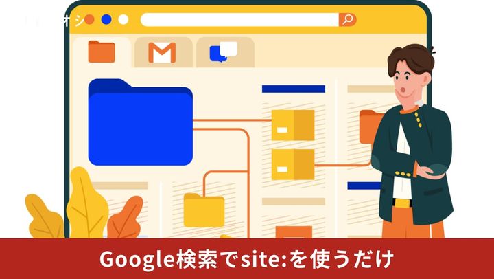 Googleの検索窓にsite:演算子とドメインを入力して特定のWebサイト内だけをピンポイントで検索しているイメージ