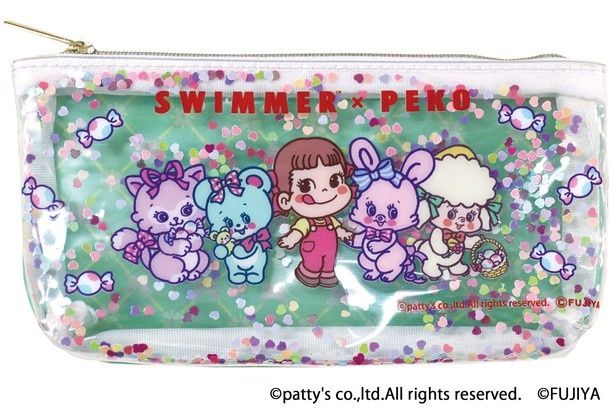 ミルキー9粒入りの「SWIMMER×PEKOコラボミルキーポーチ」(1650円) (C)patty's co.,ltd.All rights reserved. (C)FUJIYA