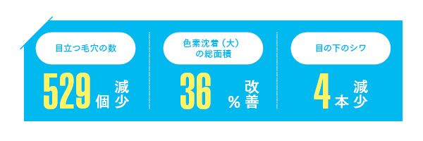 目立つ毛穴の数529個減少 色素沈着（大）の総面積36％改善 目の下のシワ4本減少