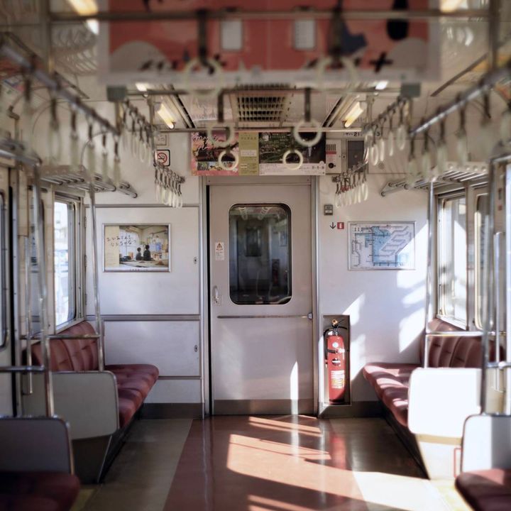 昼の光が差し込む、座席の空いた電車の車内