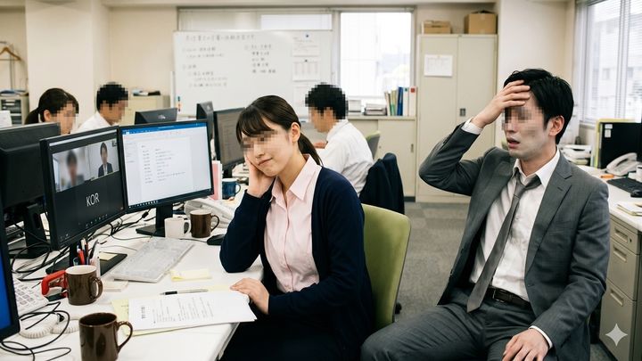 リモート会議の画面を見ながら薄笑いを浮かべる20代女性社員と後ろで困る30代男性社員