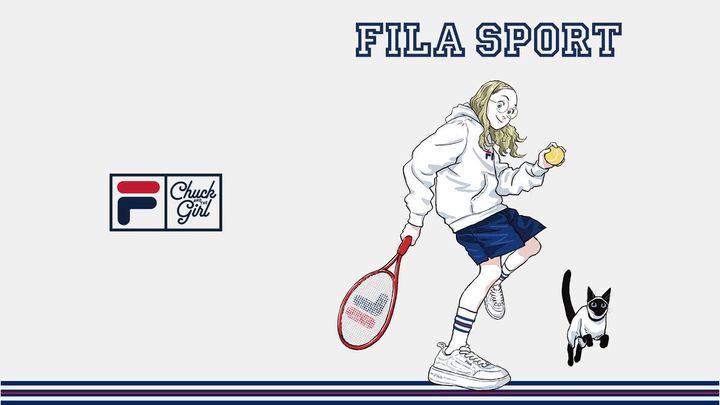 イタリア発祥のスポーツライフスタイルブランドFILA（フィラ）から、イラストレーター・サイトウユウスケ（Yusuke Saitoh）とのコラボレーションコレクションが登場。代表作『Chuck and the Girl』のアートワークや、FILAのアイデンティティであるテニス、バスケットボールをモチーフにした描き下ろしグラフィックを落とし込んだ、Tシャツ、スウェット、フーディが展開される。