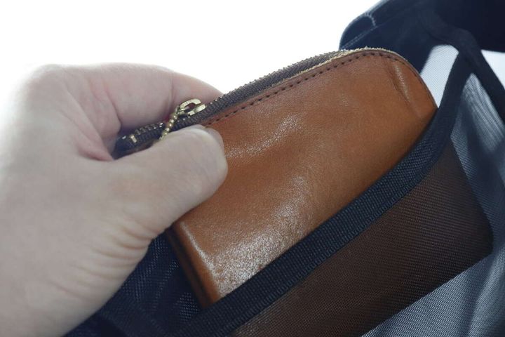 バッグの内ポケットに茶色い革の財布を入れている手元
