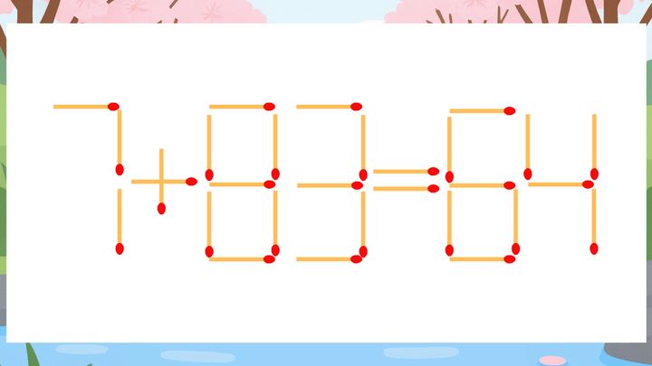 【マッチ棒クイズ】1本だけ動かして正しい式に：7+83=64？の問題画像