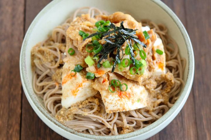 たれをかけ刻みねぎと刻みのりがトッピングされた冷製肉そば