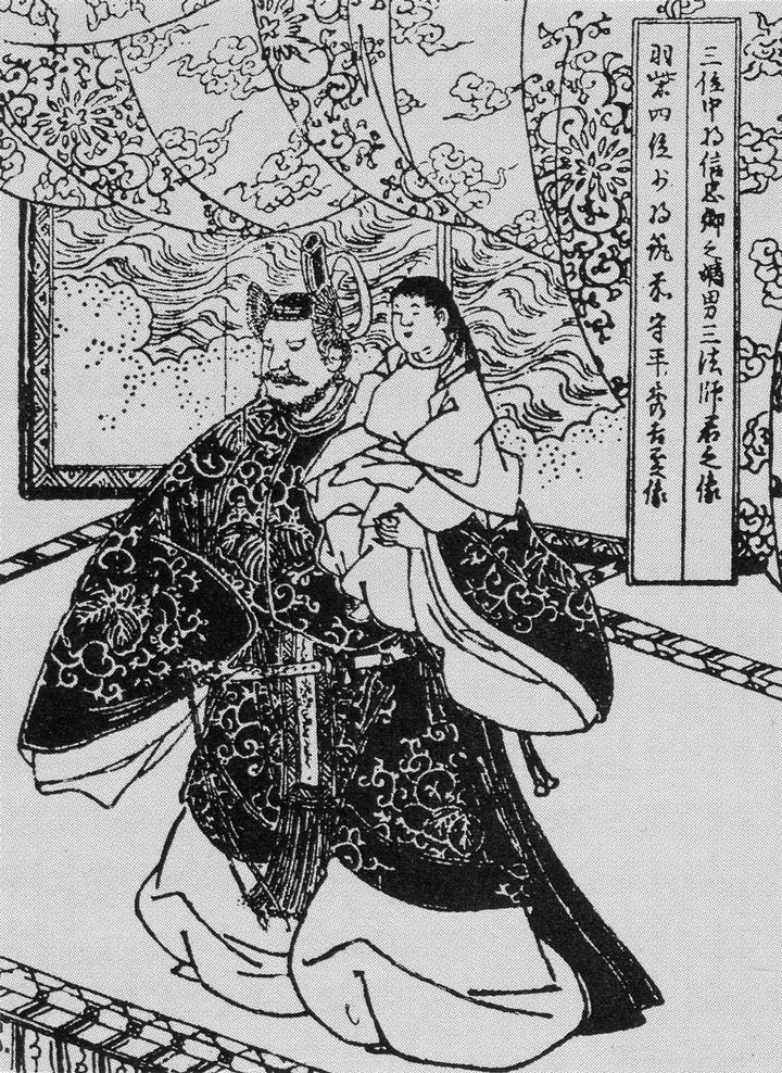 清洲会議で三法師を担ぎ上げた秀吉、『絵本太閤記』より、江戸時代（日本城郭資料館所蔵）