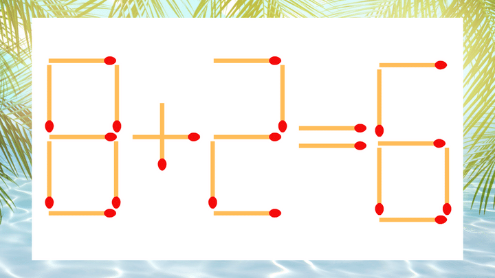 【マッチ棒クイズ】1本だけ動かして正しい式に：8＋2＝6？の問題画像