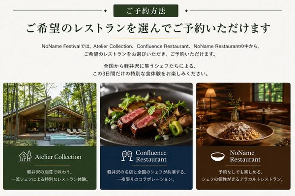 【長野県軽井沢町】全国50店舗のレストランが軽井沢に集結する「NoName Festival 2026」開催！チケット販売中
