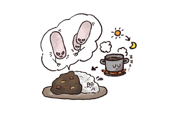 調理後に鍋の温度がゆっくり下がっていく42～45℃の環境で、ウェルシュ菌が急激に増殖します