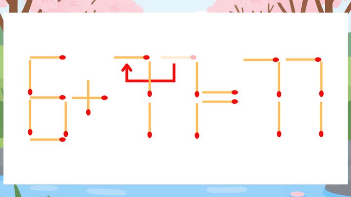 【マッチ棒クイズ】1本だけ動かして正しい式に：6+17=77？の解答画像