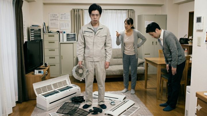 分解したエアコンの前で立ち尽くす修理屋の20代男性と謝る30代先輩社員、激怒する30代の女性修理依頼者