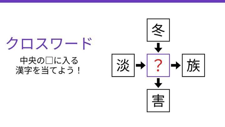 二字熟語クロスワード】真ん中の漢字は何？4つの熟語を完成させよ