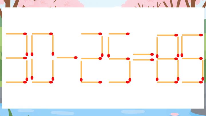 【マッチ棒クイズ】1本だけ動かして正しい式に：30-25=85？の問題画像