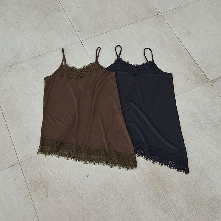 茶色と黒のアシンメトリー裾レースキャミソール