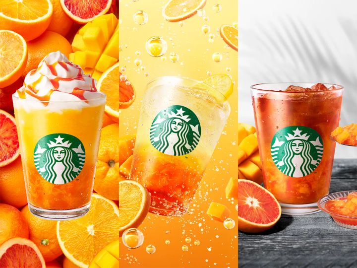 スターバックス「ぎゅぎゅっと オレンジ＆マンゴー フラペチーノ／チラックス ソーダ オレンジ＆マンゴー／クラフト ジューシー オレンジ＆マンゴー ティー」