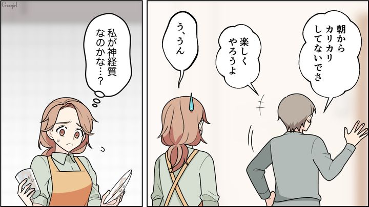 適当な食器洗いを指摘したところ「神経質」呼ばわりされ…仕方なく洗い直した彼女の話
