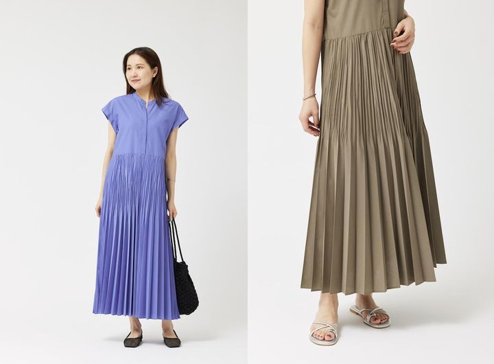 画像: 【結論シリーズ】全方位映えプリーツワンピ［size SHORT/TALLあり］（モカ、ライトブルー）各¥13,970 出典：ユナイテッドアローズ グリーンレーベル リラクシング