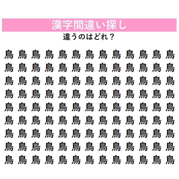 【漢字間違い探し】ずらりと並んだ『鳥』の中に「1字だけ違う漢字」が潜んでいる！あなたは何秒で見つけられる？