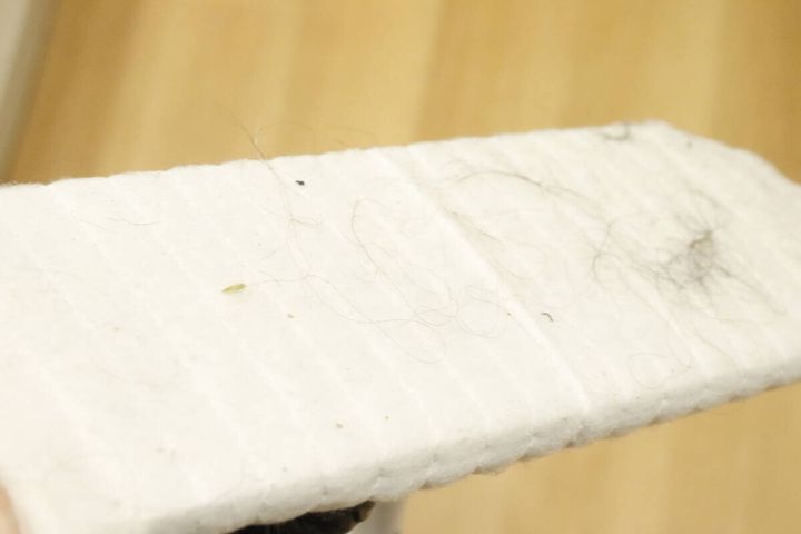 使用後のドライシートに絡め取られた髪の毛やほこりのアップ