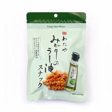 「わたや みどりのラー油スナック」を阿部幸製菓が発売！老舗へぎそば店とコラボ