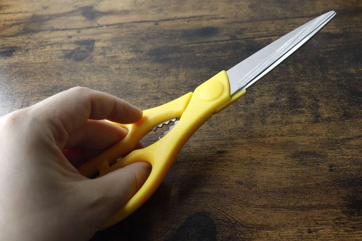 黄色いダイソーキッチンハサミを手に持ちサイズ感を示す