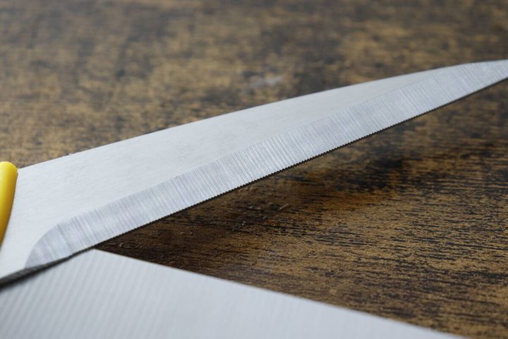 ダイソーキッチンハサミのマイクロギザ刃部分のクローズアップ